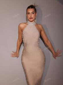 Modphy New Heavy Industry Pearl Bead Halter Neck Sleeveless Tight Sexy Long Bandage Dress Elegant Ladies Formal Dinner Dress Fashion Birthday Party Ladies Formal Dinner Carnival Easter Dress, Gown, For Evening, Wedding Guest