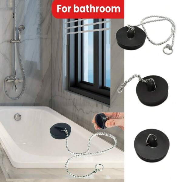 1 Badkuip Afvoerstopper met Ketting, Zwarte Rubberen Afvoerstopper voor de Wasbak, Verstelbare Metalen Ketting met een Diameter van 4 cm, Eenvoudig te Installeren Douche Afvoerdeksel, Badkamergereedschap, Modieuze Afvoeraccessoires | Gespfunctie, Badkuip Afvoerstopper, Badkamerdecoratie, Herfstdecoratie, Terug naar School