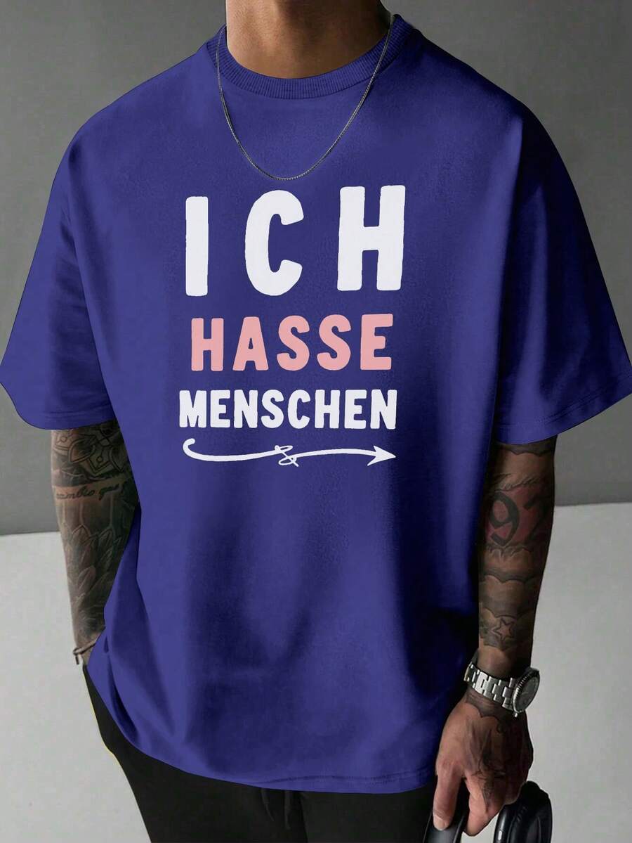 Arrow Text I Hate People Pure Cotton Men's T-Shirt Comfort Fit - Blue - View 1