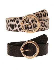 Women's Round Buckle Leopard Print PU Leather Belt, High-End Versatile Casual Decoration Waist Belt - A - View 7