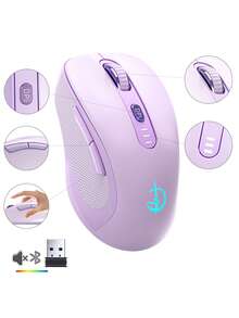 Ratón silencioso inalámbrico - 4 modos de conexión: USB2.4G/BT4.0/BT5.0/conexión por cable - 4 niveles de DPI - con indicador de batería - con iluminación RGB - material antideslizante en el lateral - suspensión inteligente y ahorro de energía Diseño - Diseño ergonómico - Material ABS - Compatible con múltiples dispositivos y sistemas - Apto para teléfonos móviles, ordenadores, tablets - Morado - Ver 1