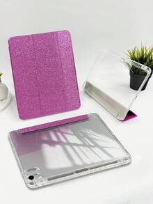 1个透明亚克力三折闪光紫红色平板电脑保护套,闪亮时尚,适用于iPad Mini 6/Mini 7/Air 1/Air 2/9.7/10.2/10.5/Air 4/Air 5/10.9/Pro 11/第十代/A16 2024 2025,内置笔槽,高透明亚克力后盖,三折可调节支架,磁吸式/自动休眠唤醒功能 - 玫紅色 - 查看 5