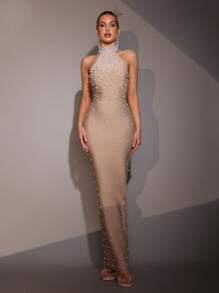 Modphy New Heavy Industry Pearl Bead Halter Neck Sleeveless Tight Sexy Long Bandage Dress Elegant Ladies Formal Dinner Dress Fashion Birthday Party Ladies Formal Dinner Carnival Easter Dress, Gown, For Evening, Wedding Guest