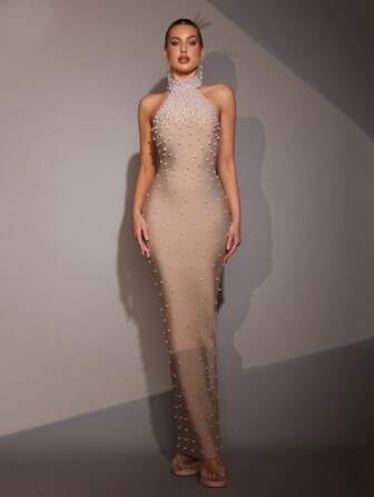 Modphy パール ビーズ ホルターネック ノースリーブ タイト セクシー ロング バンデージドレス エレガントな婦人用正式ディナードレス、ファッションバースデーパーティー、正式ディナー、カーニバル、イースター ドレス、ガウン、イブニング、ウェディングゲスト用