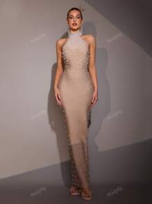Modphy New Heavy Industry Pearl Bead Halter Neck Sleeveless Tight Sexy Long Bandage Dress Elegant Ladies Formal Dinner Dress Fashion Birthday Party Ladies Formal Dinner Carnival Easter Dress, Gown, For Evening, Wedding Guest