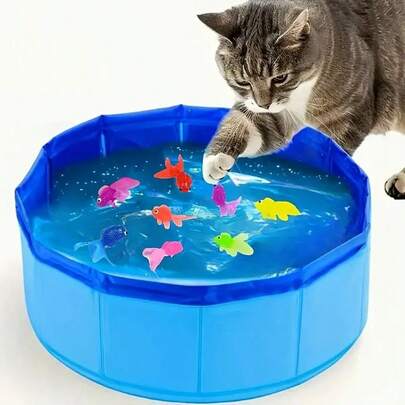 Set de 11 piezas Piscina portátil y plegable para mascotas con juguetes de peces, juguetes de peces de color aleatorio adecuados para gatos y perros durante todo el año