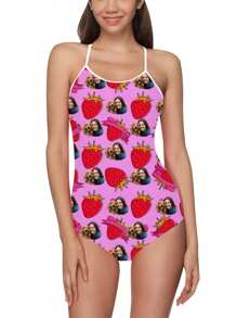 1pc Custom Women One-Piece Swimsuit, Strap Hollow-Out Swimwear, Women Pink Strawberry High Waist Sleeveless Swimming Costume For Pool, Beach, Holiday, Girls Swimsuit