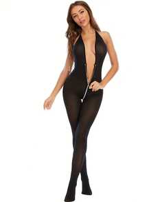 Sexy Lingerie Black V-Neck Sexy Jumpsuit With Zipper And Stockingsfor Club, Night Out, Dates, Shows, Wedding Night – Cheeky Stockings & Tights - Multicolor - View 7
