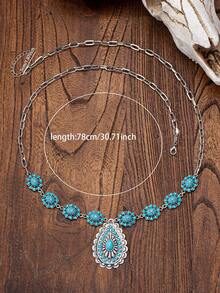 1 件仿古银西式绿松石装饰康乔奖章长项链女士 - 復古銀色 - 查看 2