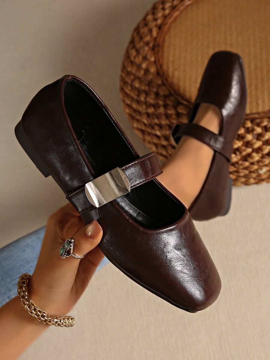 2025 New Solid Color Buckle Casual Flats, Lightweight, Breathable, Minimalist, Women Shoes - Brown - View 1