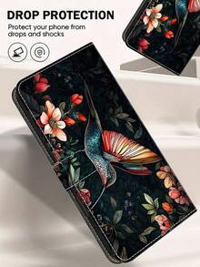 GLANDOTU 创意彩色PU皮革钱包式手机壳，饰有鸟语花香图案，适用于三星Galaxy手机，折叠式边缘设计，带卡槽和挂绳 - 彩色 - 查看 3