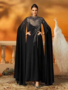 AmazingHoney Váy Kaftan Cape thêu màu đen thanh lịch dành cho phụ nữ, váy Dubai Jalabiya dáng rộng có chi tiết đính cườm sequin, Abaya Ramadan, trang phục dạ hội của người Hồi giáo, váy kín đáo, thời trang Hồi giáo, phong cách Dubai, Abaya dự tiệc, váy dài tay - màu đen - Xem 4