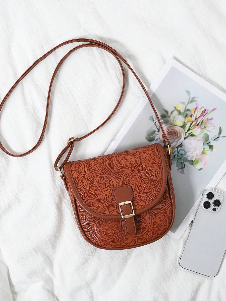 Bolso cruzado con estampado de flores en relieve para mujer, bolso de hombro vintage tipo silla de montar, bolso bandolera de mujer de piel sintética PU con diseño lindo para teléfono celular, bolso básico y versátil para uso diario, perfecto para eventos tipo rodeo