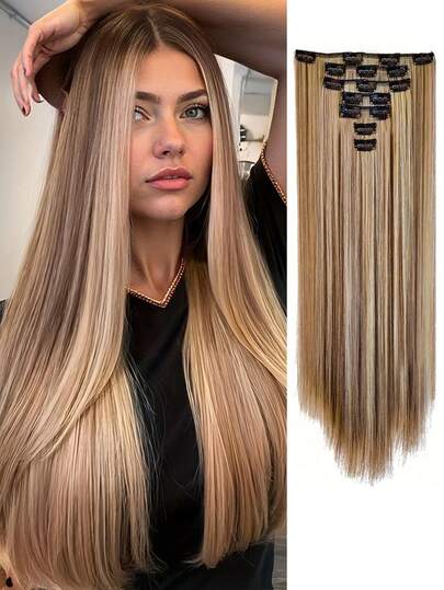 7pcs/Set 16" Clip-In Hair Extensions, Black Straight Long Ombre Synthetic Wigs, Heat Resistant Fiber For Women