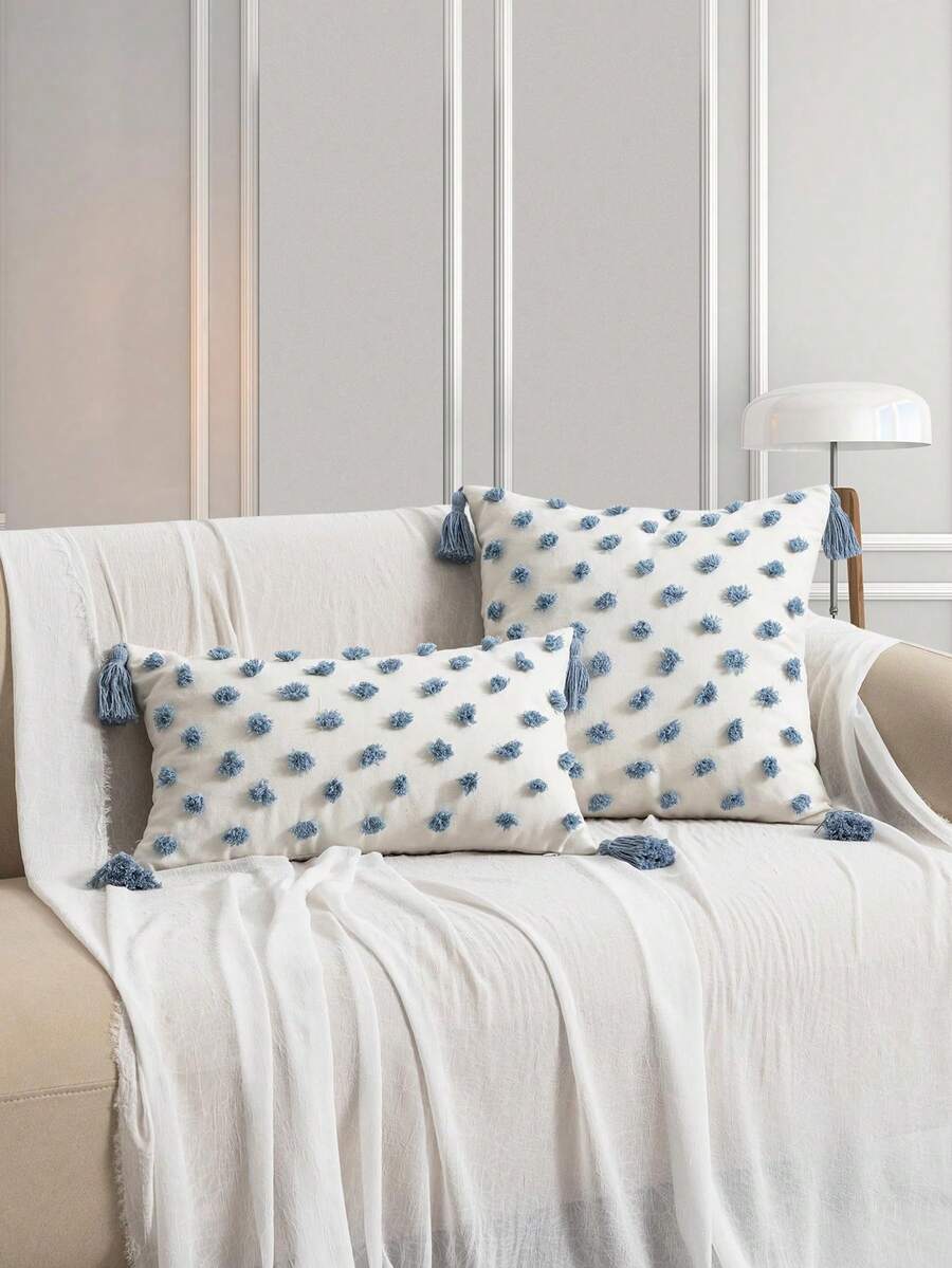 1/2pcs Blue Polka Dot Pillow Cover, Nordic Flannelette Embroidered Tassel Cushion Case For Bedroom, Living Room, Sofa, Garden Chair, Waist Pillow, Ins Style, All Season, 30*50cm, 45*45cm - Blue - View 1