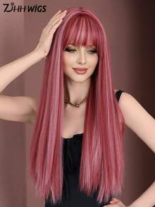 7JHH WIGS 26 Inch Long Straight Pink Wig For Women Mix White Highlight, Gorgeous Fluffy Synthetic Wig With Bangs, Natural Looking Very Soft Synthetic Heat Resistant Fiber Hair, Beautiful Full Machine Hair Wig For Girls Daily,Anime Or Costume Cosplay Decoration ,Music Festival Party Street Wear Use - 挑染粉色 - 查看 2