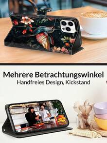 GLANDOTU 创意彩色PU皮革钱包式手机壳，饰有鸟语花香图案，适用于三星Galaxy手机，折叠式边缘设计，带卡槽和挂绳 - 彩色 - 查看 2