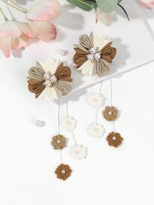 2 piezas Pinzas para el cabello con flor marrón, pinzas para el cabello con flor de unicolor y borla con decoración de perla falsa, adecuadas para uso diario y adolescentes - Multicolor - Ver 5
