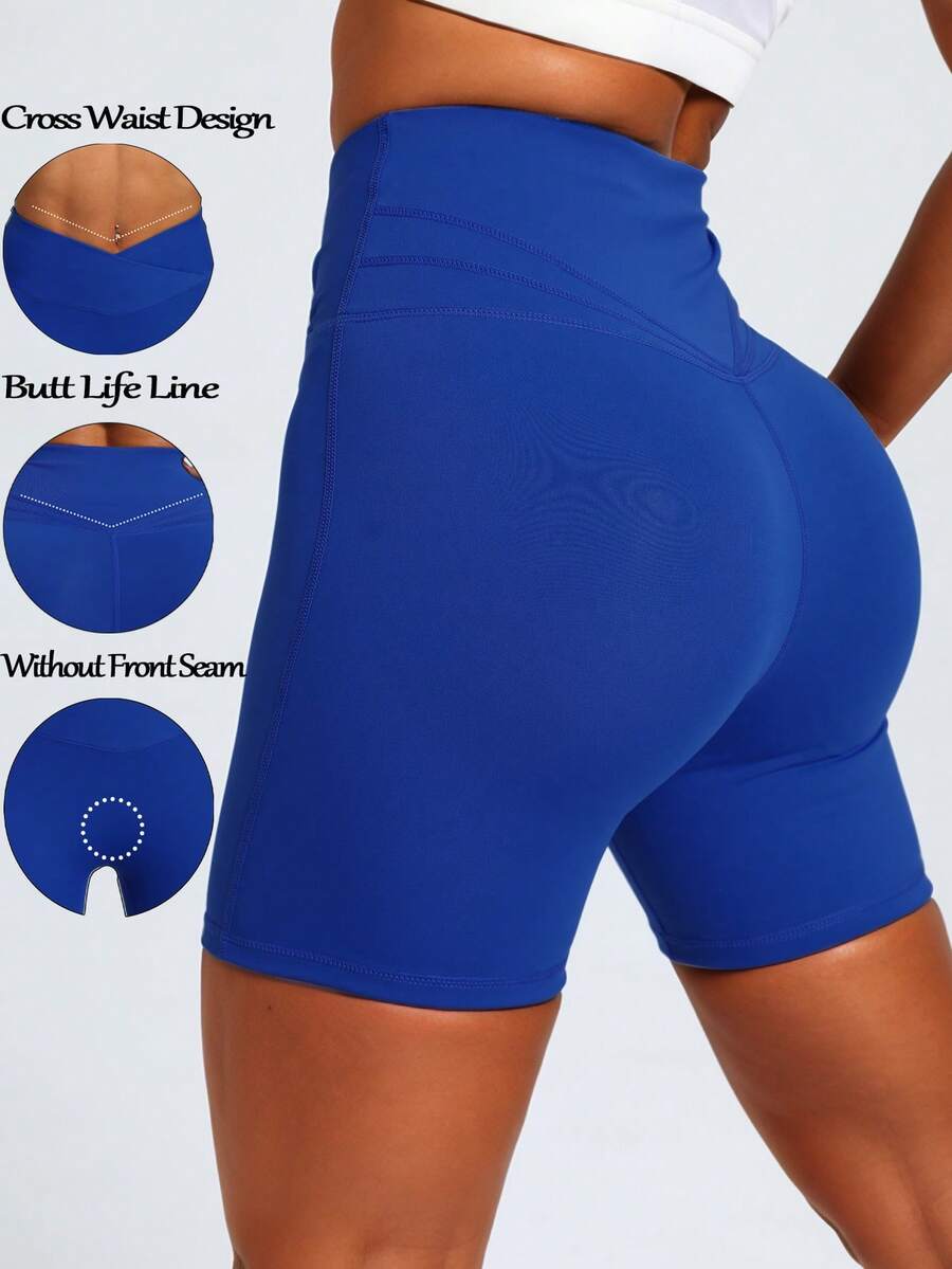 RUNONWHEELS 5 Plus Size Cross Waist V-Shaped Women's Fitness Shorts Breathable Sports Shorts Stretchy Shorts Women Sweat Short, Gym Short - Blue - View 1