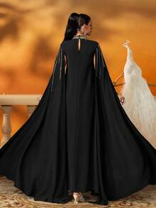 AmazingHoney Váy Kaftan Cape thêu màu đen thanh lịch dành cho phụ nữ, váy Dubai Jalabiya dáng rộng có chi tiết đính cườm sequin, Abaya Ramadan, trang phục dạ hội của người Hồi giáo, váy kín đáo, thời trang Hồi giáo, phong cách Dubai, Abaya dự tiệc, váy dài tay - màu đen - Xem 2
