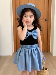 3pcs Set Young Girl Casual Elegant Big Bow Sleeveless Top, Pleated Skirt Denim Skirt And Hat Outfit - Black - View 3