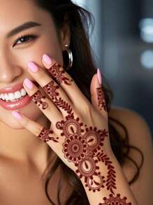 2 件装 Henna Mehndi 设计红棕色临时防水纹身贴纸，性感身体艺术花卉蕾丝图案纹身，适用于手、手指、脚，适合节日、派对、日常穿着