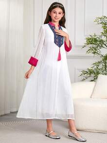 Tween Girl Southeast Asian Embellished Robe, Suitable For Dubai Travel & Long Pleated Robe - White - View 4
