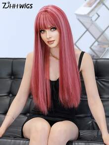 7JHH WIGS 26 Inch Long Straight Pink Wig For Women Mix White Highlight, Gorgeous Fluffy Synthetic Wig With Bangs, Natural Looking Very Soft Synthetic Heat Resistant Fiber Hair, Beautiful Full Machine Hair Wig For Girls Daily,Anime Or Costume Cosplay Decoration ,Music Festival Party Street Wear Use - 挑染粉色 - 查看 4