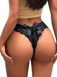 3 peças Tanga com Renda Sexy, Com Laço Grande, Lingerie Sensual Transparente e Avistável