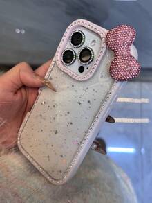 蝴蝶结奢华闪亮水钻蝴蝶结环氧闪光透明手机壳适用于 16 Pro Max 15 14 13 防震保护保险杠硬质亚克力外壳防水防摔防刮 - 粉色 - 查看 5