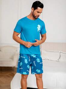 2pcs/Set Men's Blue Short Sleeve Dinosaur Print T-Shirt And Shorts Pajama Set - Blue - View 4