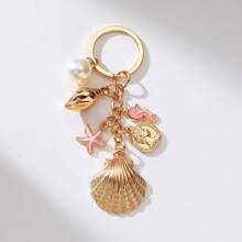 1 pièce Porte-clés style océan doré, pendentif de breloque coquillage, étoile de mer, hippocampe, fausse perle. Accessoire de voiture, de sac, breloque scolaire, fausse perle, gothique mignon Y2K