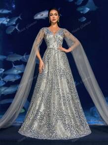 Faeriesty Vestido de noche con lentejuelas y mangas de capa de lujo con efecto floral, patrón de flores con cuentas y falda con flujo completo para bodas, eventos de alfombra roja y cenas lujosas