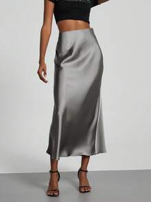 Se-Helo Fashion Women's Elastic Satin Feeling Satin Maxi Skirt - Light Gray - Light Grey - View 7