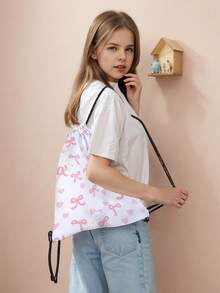 1 件带粉色蝴蝶结、心形、黑色蝴蝶结图案的抽绳背包，轻便健身包，适合运动、健身、旅行、游泳、海滩，适合男孩、女孩、女孩、男孩 - 彩色 - 查看 14