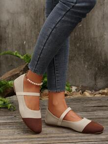 2025 Autumn Women Casual Soft Bottom Square Toe Elastic Band Color Block Flats, Suitable For Indoor And Outdoor Wear,Ballet Flats - Beige - View 8