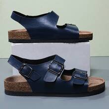 Sandalias con doble hebilla en la parte trasera de color azul, suela de corcho suave, zapatos casuales transpirables y versátiles para el verano - Azul - Ver 4