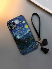 1pc Precision Hole Edged Van Gogh Blue Sky Painting Thick Shockproof Painted Phone Case With New Leather Heart Wrist Strap DIY Phone Case Pendant Tassel Wristband Charm Accessory Compatible With IPhone 17pro/17Air /17/17promax16/11/16pro/16plus/16promax/16e/15Promax/13/14/12/XS/XR/7G/8P, Galaxy, Redmi - Multicolor - View 4