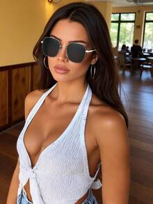 Polarized Sunglasses For Women, Vintage Geometric Frame, Metal Fashion Eyewear, Classic Design For Outdoor Sports, Cycling, Traveling, Beach, Driving, Fishing, UV Protection, Summer Fashionable Shade Elegant Outfit Family Outings Travel Vacation Holiday For Summer Beach Vacation,Outdoor,Travel - 金色 - 查看 1