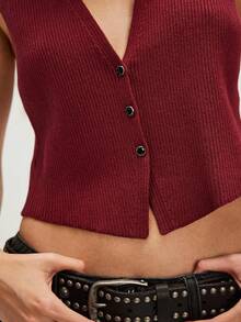 Women Knit Vest Top Y2k V Neck Sleeveless Button Up Crochet Going Out Tops Fashion Streetwear - Burgundy - View 3