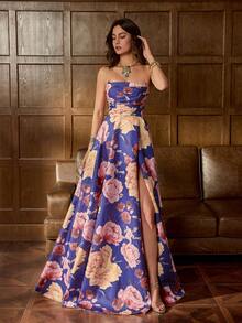 Faeriesty 印花优雅春夏花卉抹胸长裙，高开衩侧裙 - 非常适合红毯庆典、婚礼、高档晚宴、舞会和艺术画廊活动