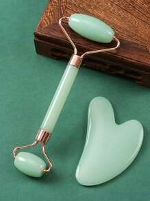 2pcs/1pc Heart-Shaped Rose Quartz Roller Massager - Face Beauty Massage Board With Dual Rollers, Anti-Aging Resin Face Roller And Gua Tool Set For Face, Eyes And Neck - Natural Skincare Beauty Tool To Relieve Wrinkles