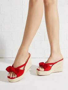 Red Faux Suede Handwoven Bow Knot Decor Rope Platform Wedge Sandals For Women, Casual Summer Style - Knot Pattern & Weave Direction Random - Red - View 2