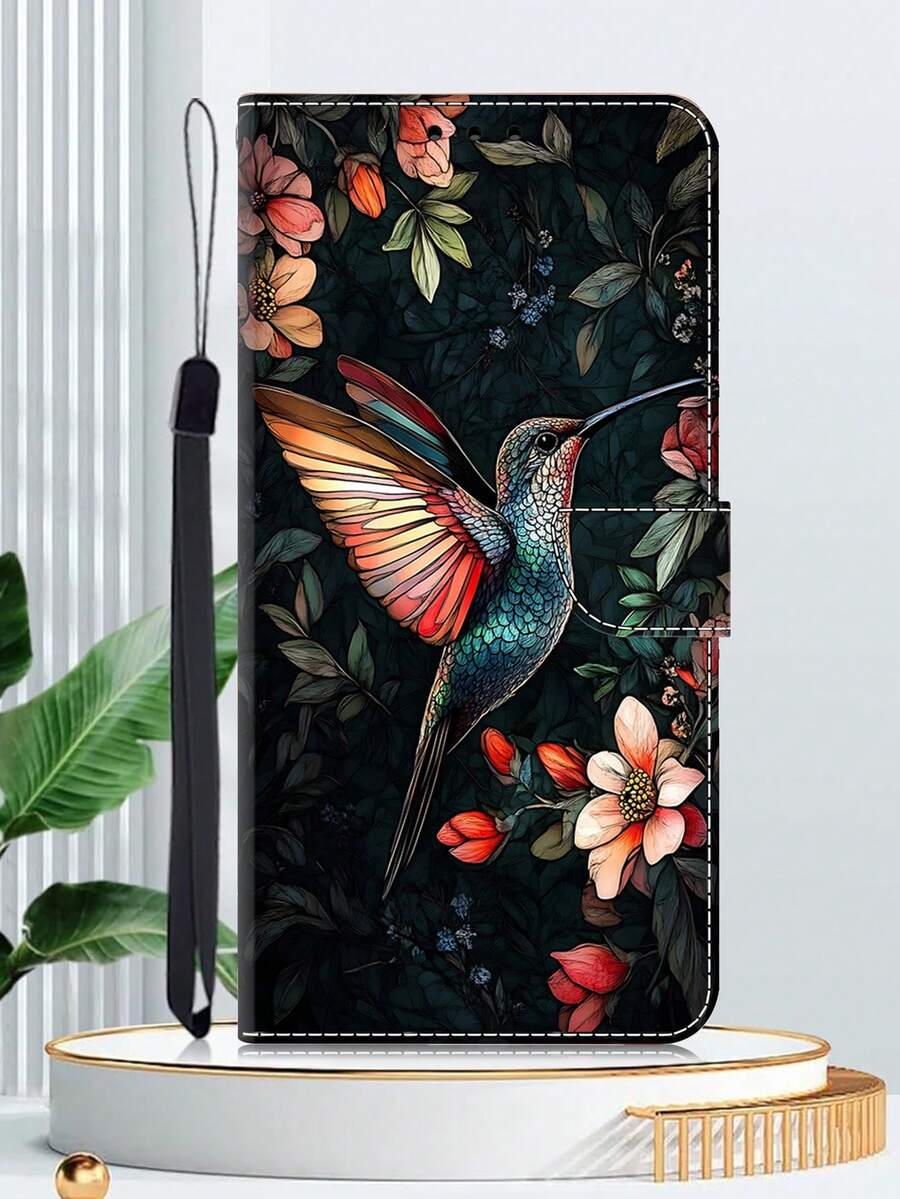 GLANDOTU 创意彩色PU皮革钱包式手机壳，饰有鸟语花香图案，适用于三星Galaxy手机，折叠式边缘设计，带卡槽和挂绳 - 彩色 - 查看 1