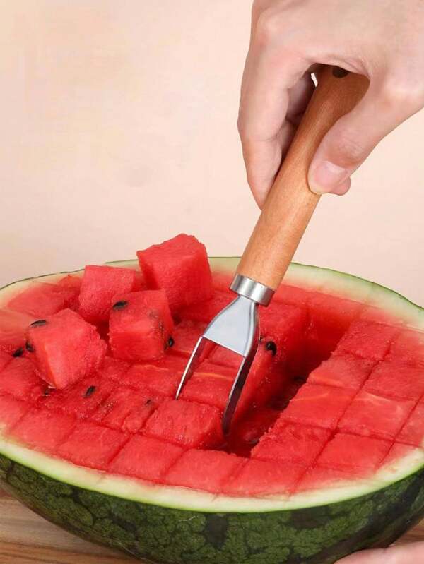 1PC Stainless Steel Cutting Watermelon Fruit Slices Artifact, Cutting Block Divider, Household Melon Cutting Tool, Fork Spoon, Meat Picker
