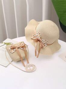 2 pièces/ensemble Chapeau de paille et sac pour enfants, chapeau de soleil de plage à nœud en ruban fleuri, respirant pour une protection quotidienne et de plage