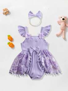 Baby Girl Summer Outfits Ruffle Sleeveless Square Neck Flower Romper With Headband Set - Purple - View 3