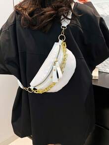 中号鳄鱼纹压花斜挎胸包兼零钱包，时尚链条装饰拉链腰包，配有可调节肩带，复古经典PU皮革女士单肩包，适合旅行和运动 - 白色 - 查看 7