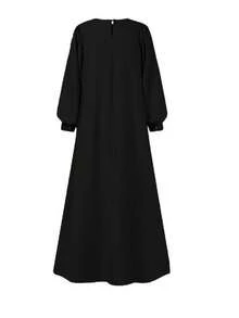 Women's Solid Color Lantern Sleeve Loose Arabian Style Dress, Modest Kaftan - Black - View 2