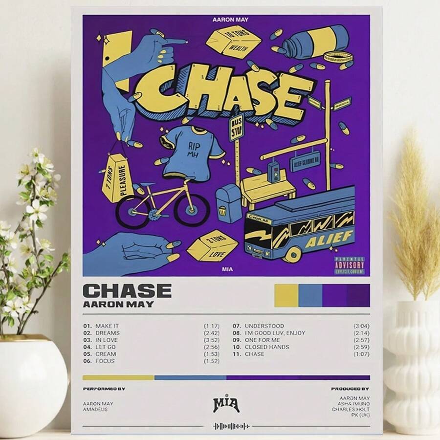 Framed AlenMay Chase Album Art Poster, Canvas, Vibrant Pop Art Style With MusicTracklist And Performances, Ideal For Bedroom And Living Room Decor, Great Gift For Music Lovers, Perfect For Room Decor